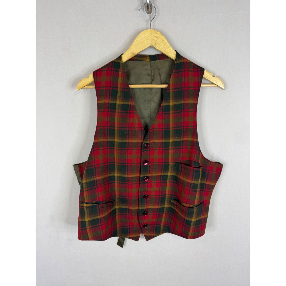 Vintage Pure Virgin Wool Plaid Vest Red Olive Green Tartan Waistcoat Mens M